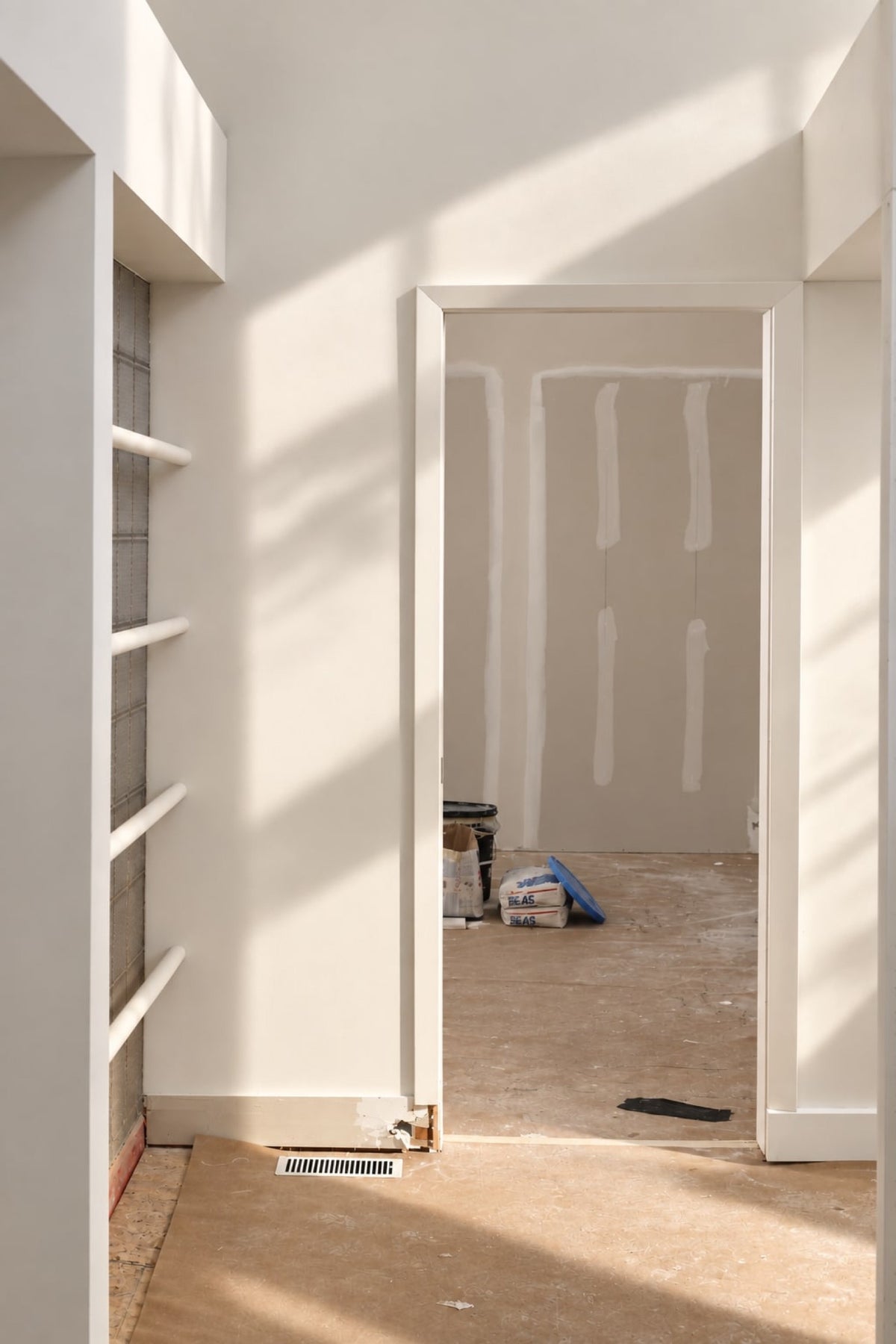 Drywall going in on a home under construction in Des Moines, with taped seams and a built-in shelf niche framed out.
