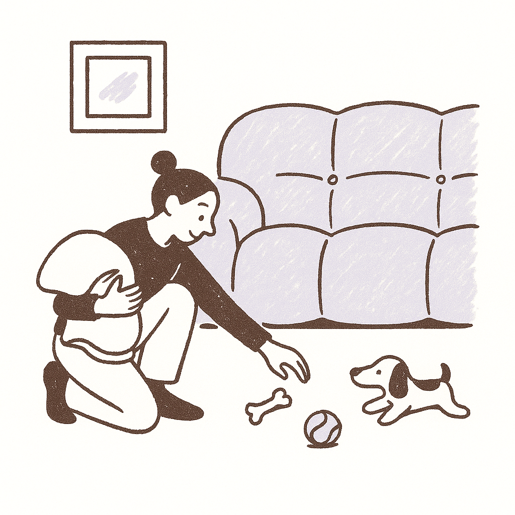 An illustration of someone tidying a room before photographing it, lifting a cushion and picking up a dog toy