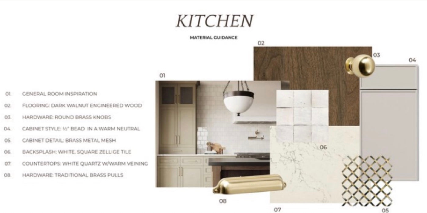 A kitchen material board: walnut flooring, brass knobs, zellige tile and quartz