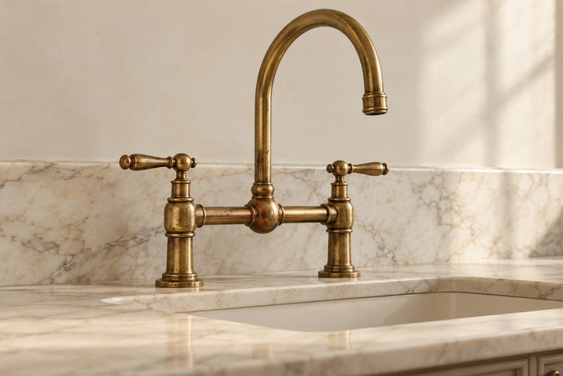 An unlacquered brass bridge faucet on a cream marble vanity in a West Des Moines bath.