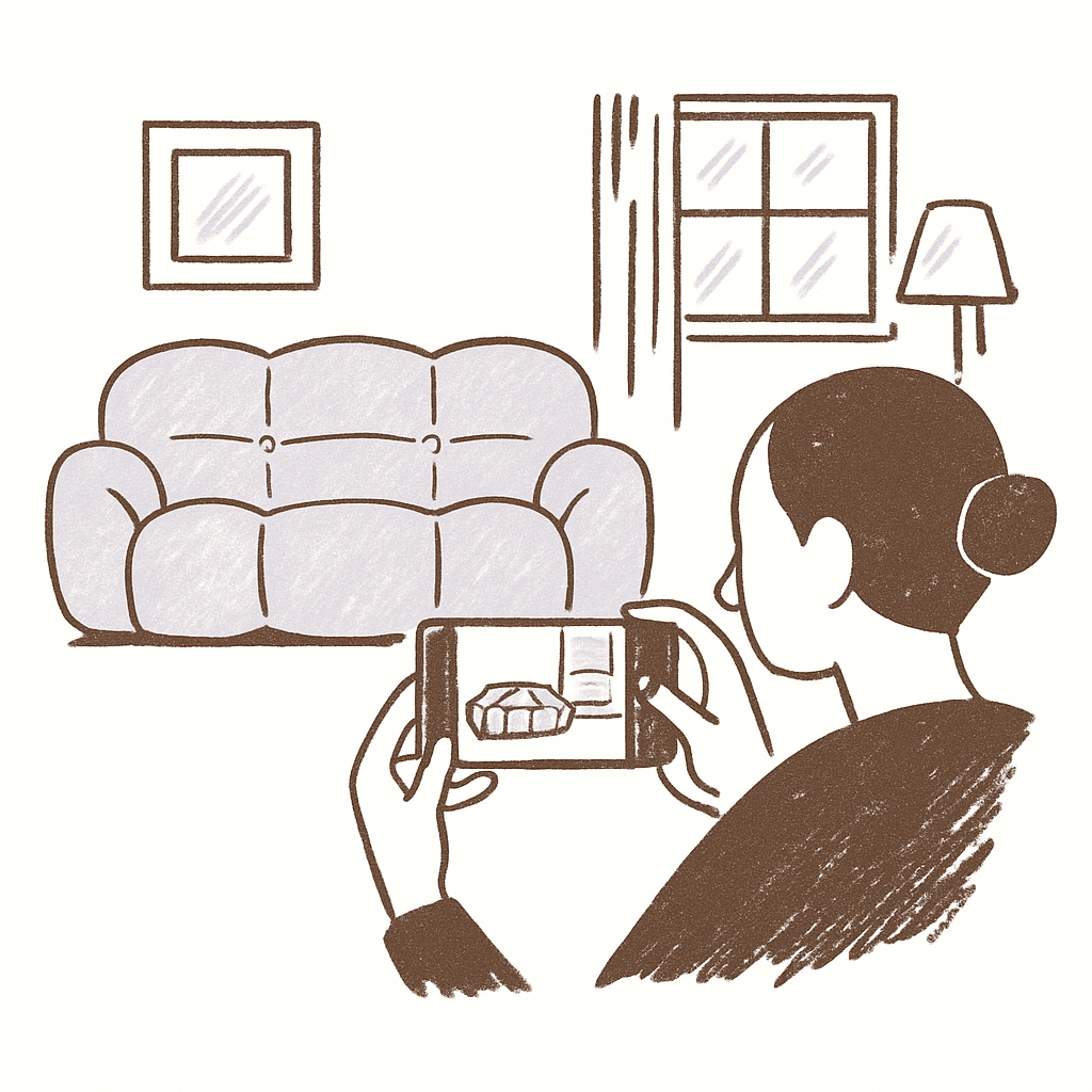An illustration of someone framing a whole room on a phone screen rather than one piece of furniture