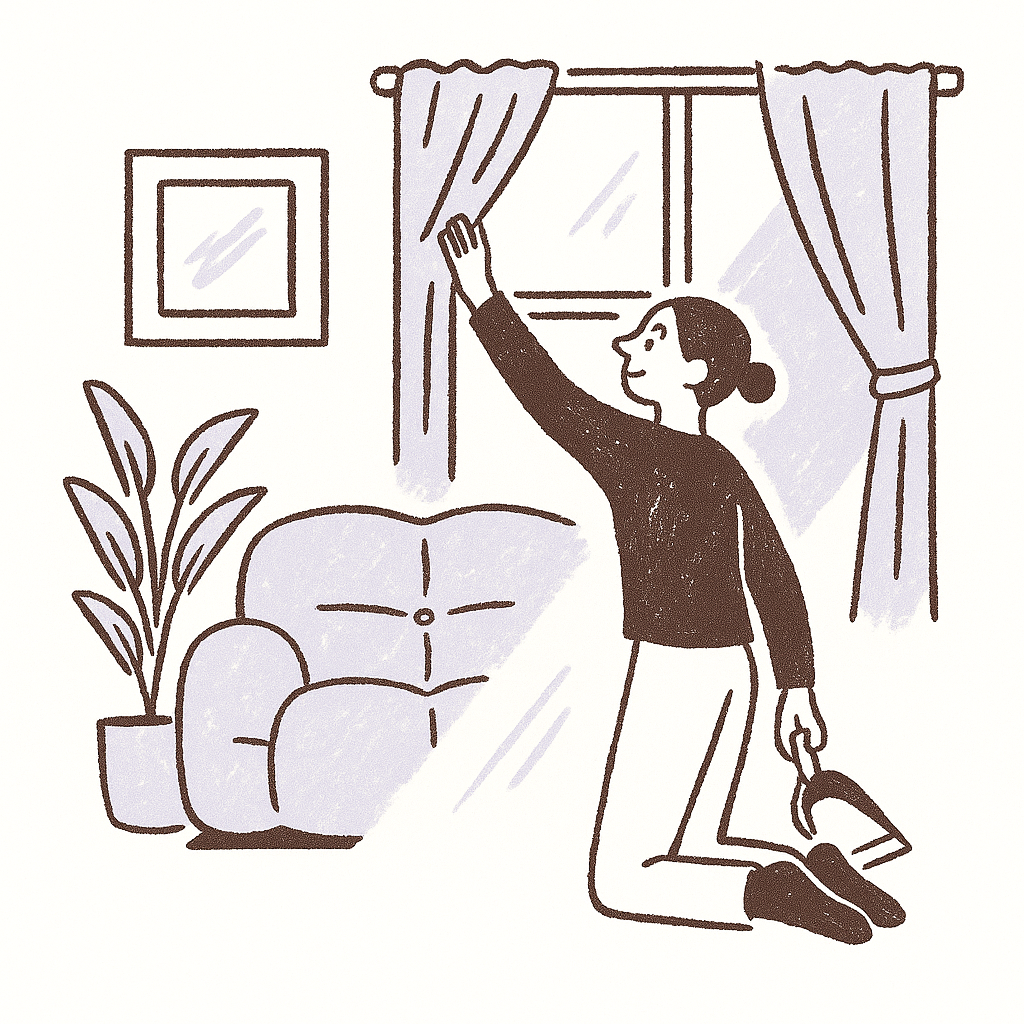 An illustration of someone opening the curtains to let daylight into a room before photographing it
