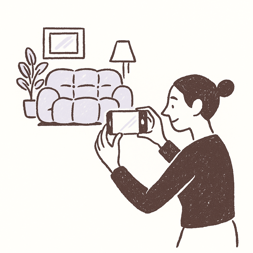 An illustration of someone photographing a sofa with a phone held sideways