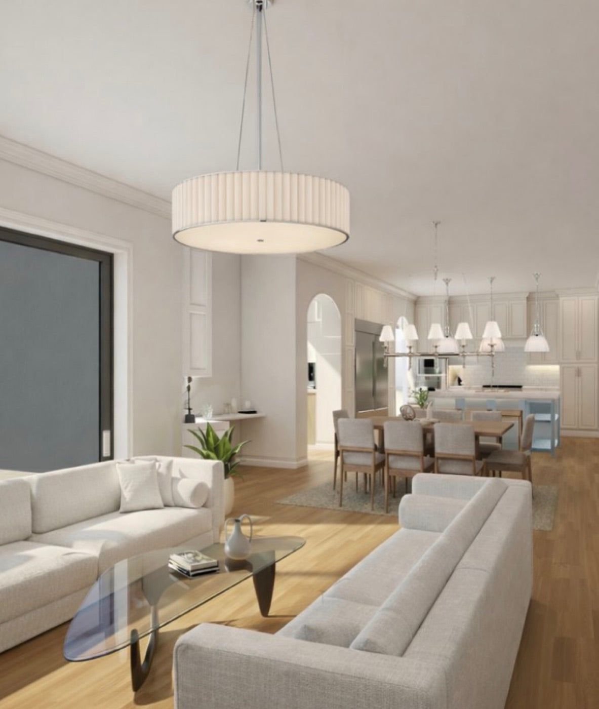 A rendering of an open living and dining room with a pleated drum pendant