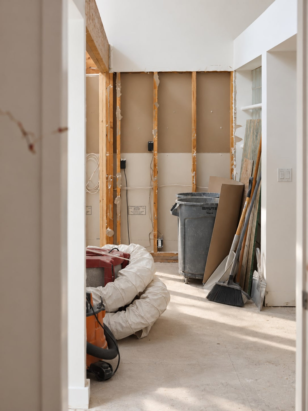 A Des Moines remodel mid demolition, with drywall stripped back to bare studs and a shop vac on the concrete floor.