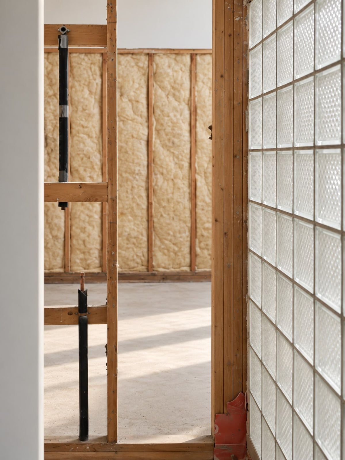 A glass block wall beside wood stud framing and insulation going in on a Des Moines home under construction.