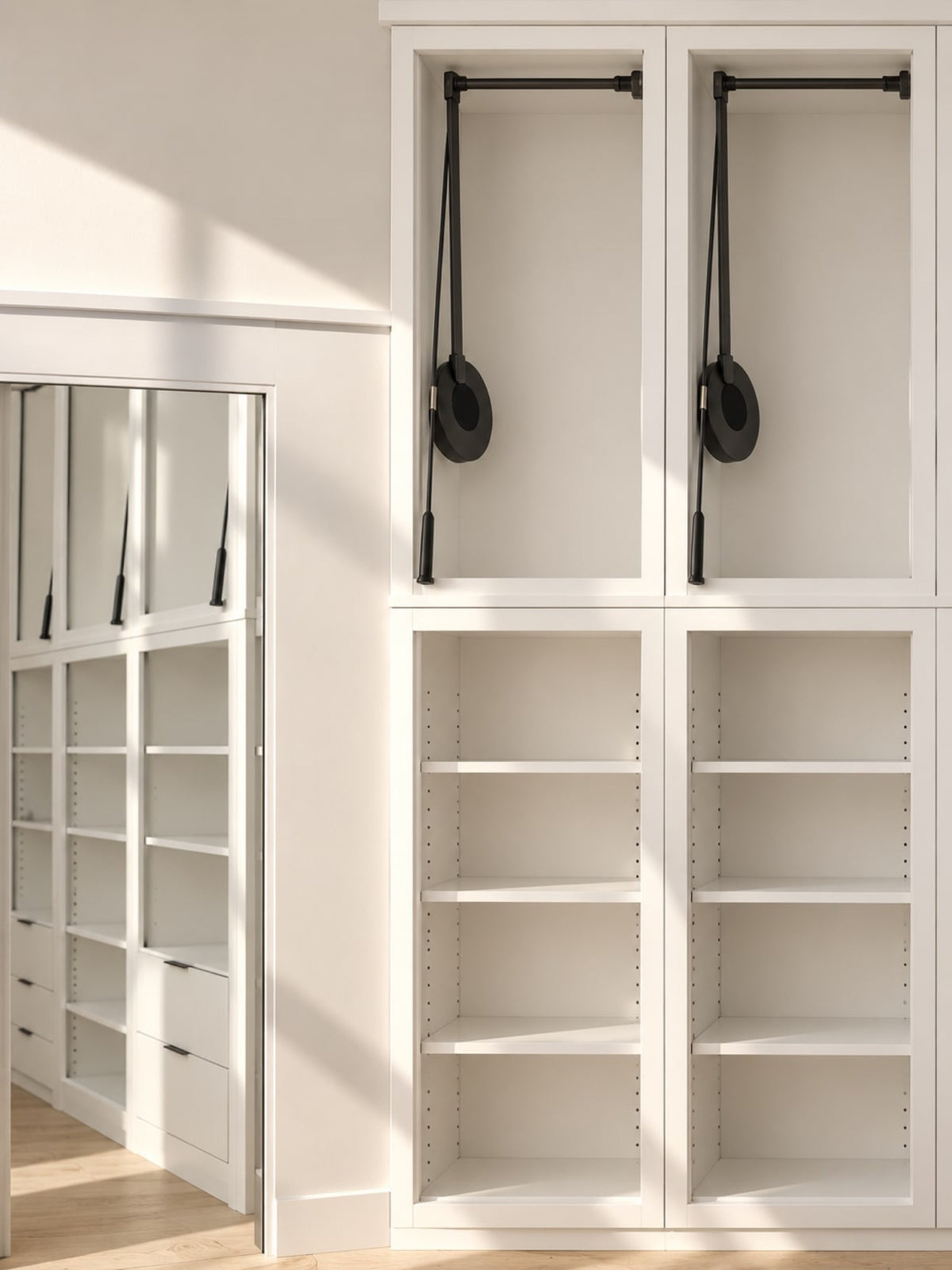 A walk in closet going in in Des Moines, with white built in shelving and black pull down hanging rods.